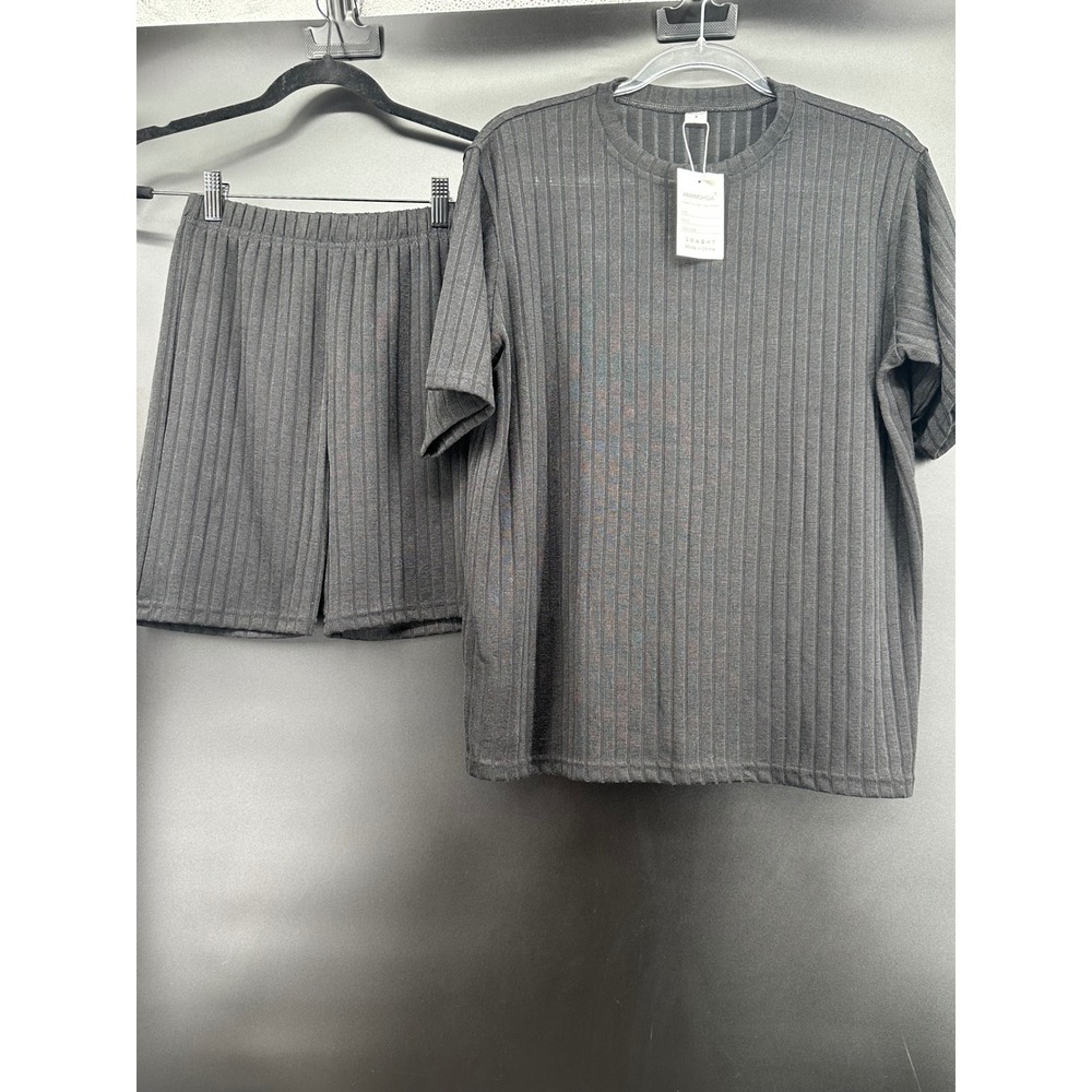 Women's Ribbed 2 Piece Lounge Set Black Oversized Tee and Biker Shorts Sz small - Picture 4 of 6